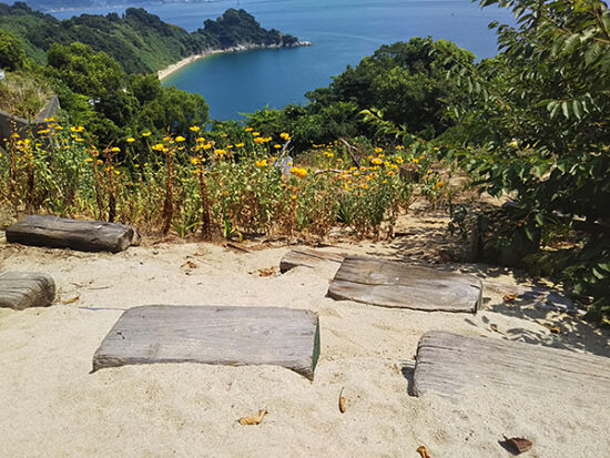 左側のベンチに座って下をのぞけば、先程の海水浴場