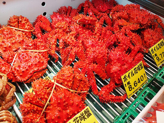真っ赤なこの蟹は「花咲蟹」という種類で、茹でるとこのように鮮やかな赤になるそう。