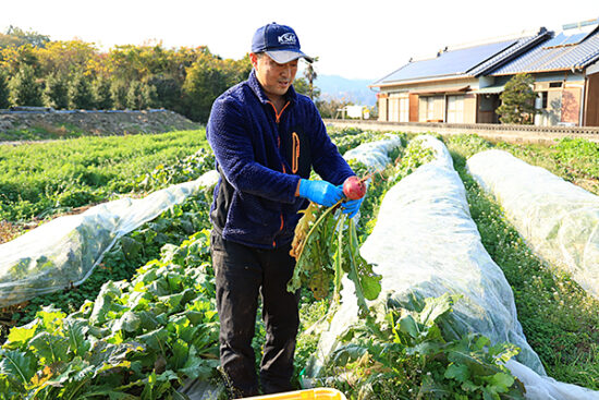 新居田さんの手には『もものすけ』、後ろには『もものすけ』カブのレーンが遠くまで続く