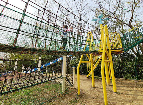 細かいネットで囲われているので3歳児でも安心して渡れる吊り橋